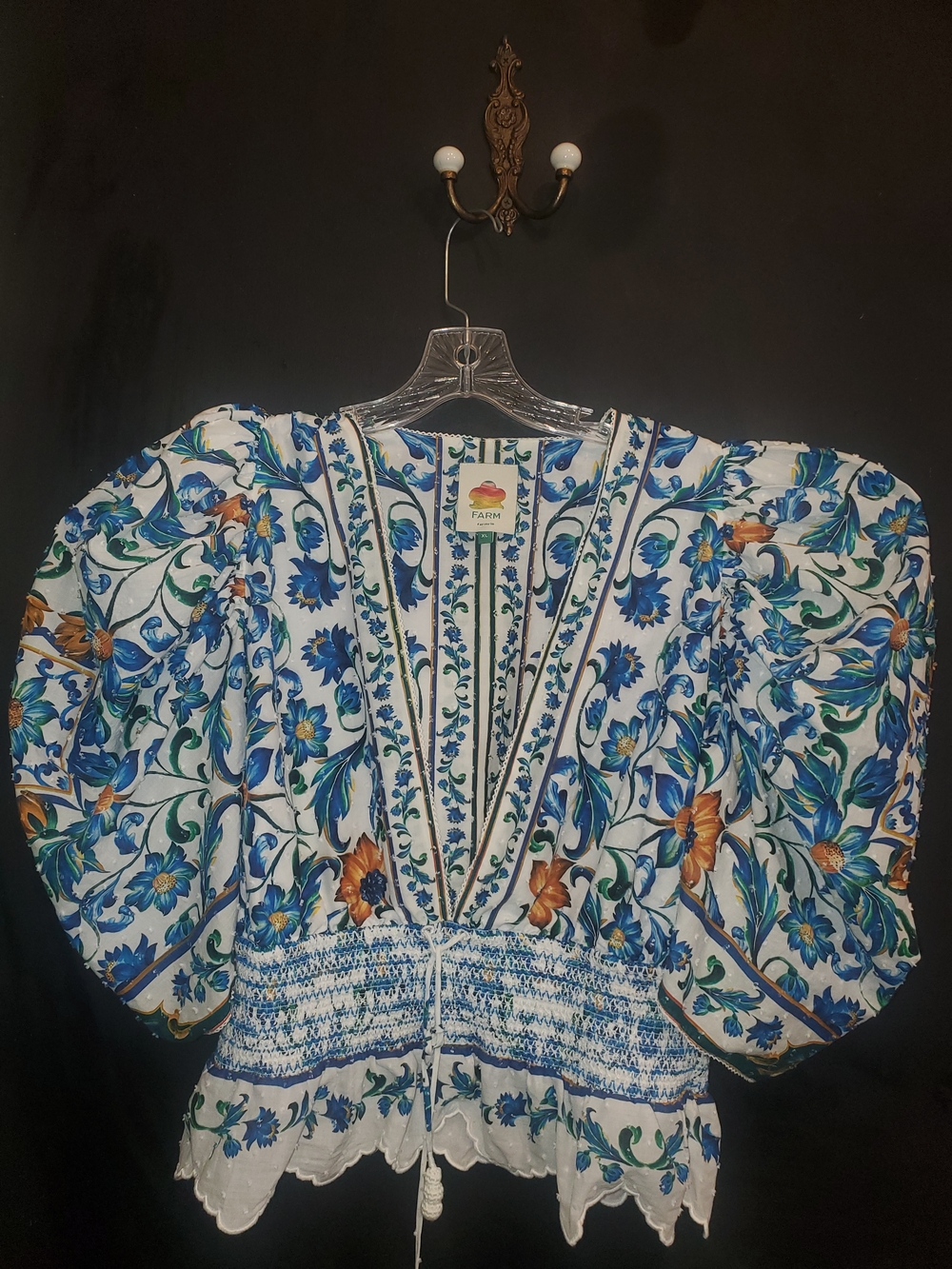 FARM Rio White Blue and Orange Floral Puff-Sleeve Dress